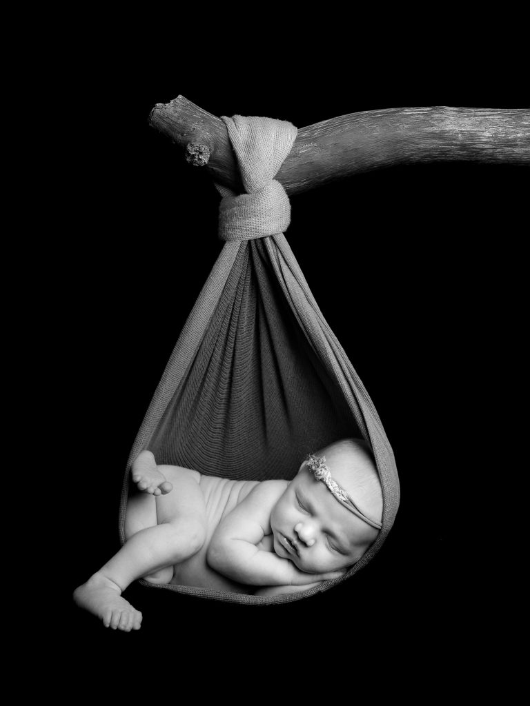 Newborn sleeping in a sling hanging on a branch captured by Treasured Moments Photography